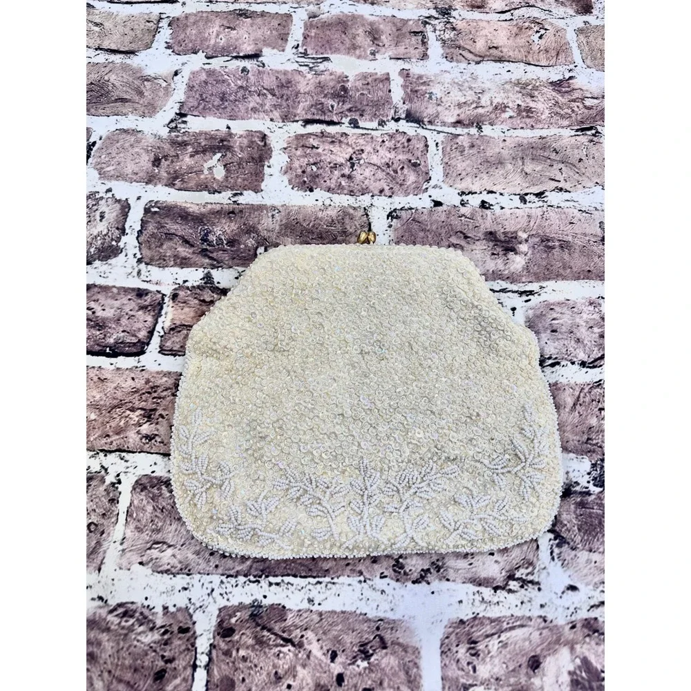 Vintage Vintage La Regale Beaded Evening Clutch‎ Cream White Sequins Rhinestones